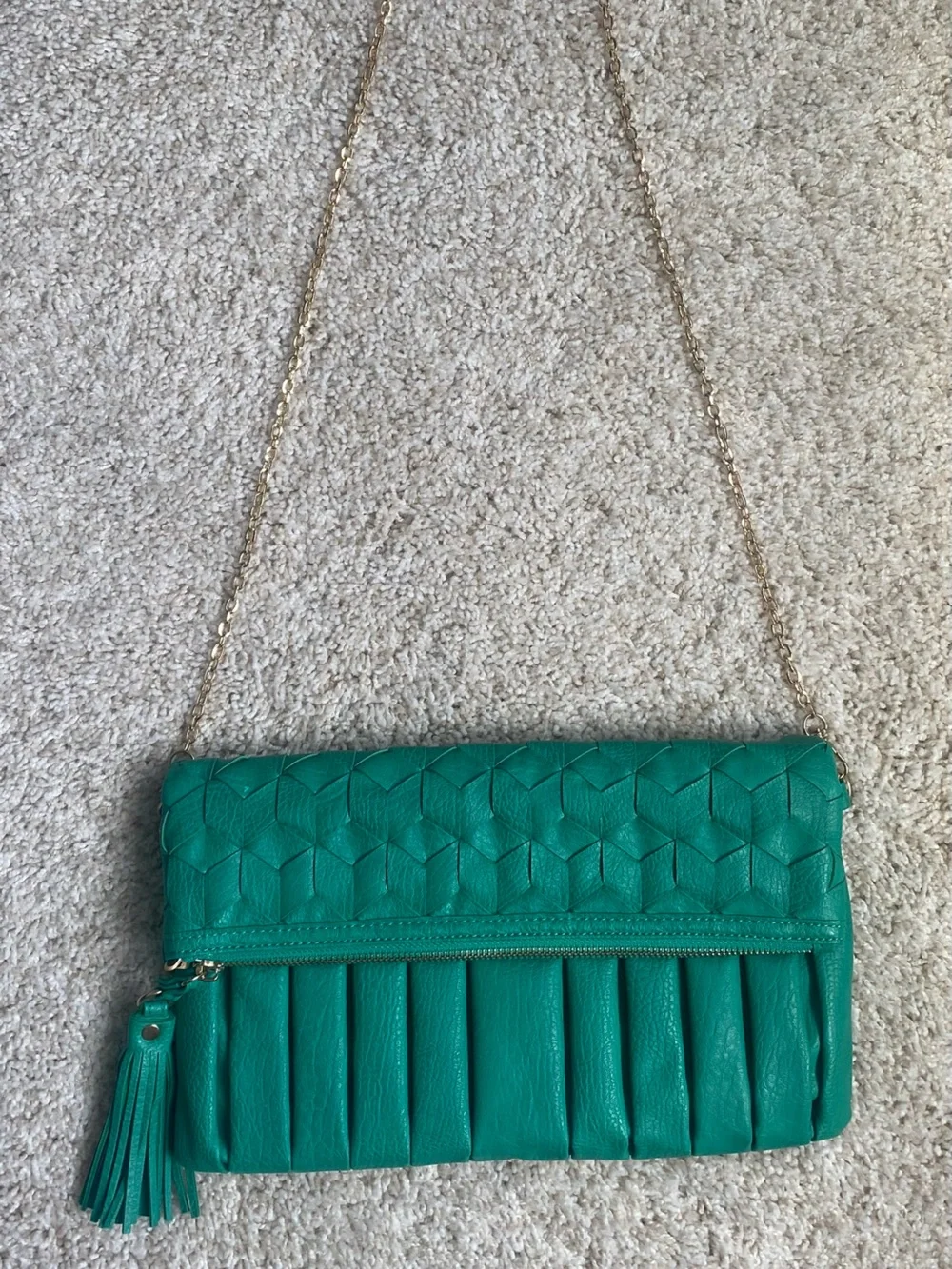 Fold-Over Tassel Clutch with Gold Chain crossbody